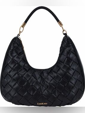 BeBe Luca Woven Vegan Leather Large Hobo Shoulder Bag Black Gold Hardware